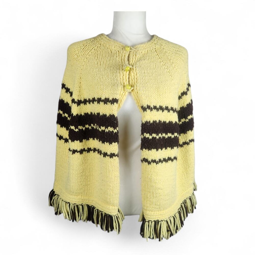70s Vtg Handknit Yarn Shawl Poncho ONE SIZE Yellow Brown Fringe Hippie Boho ooak